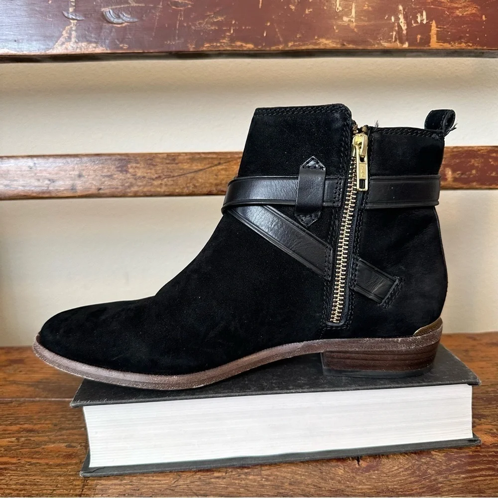 COACH Leoda Black Suede Buckle Ankle Booties Boots
